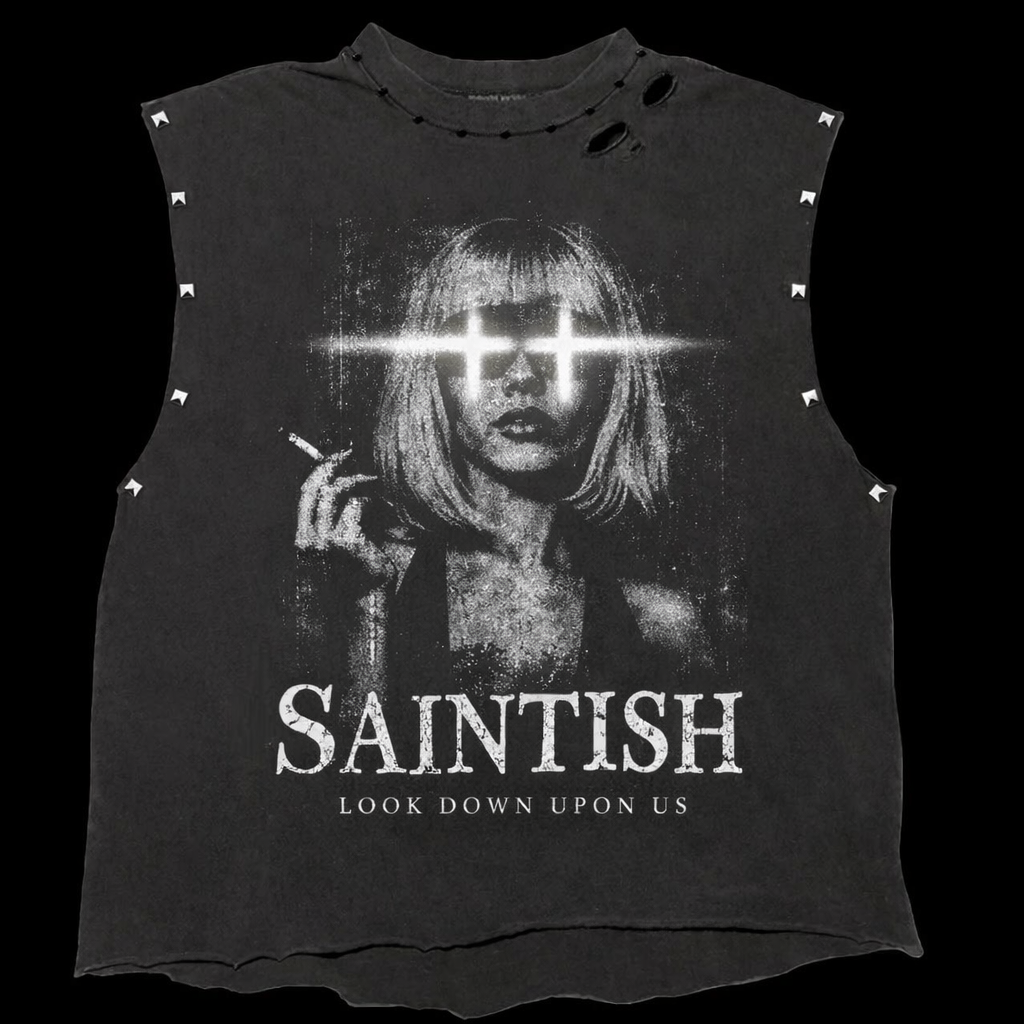 SAINTISH "HEAVEN'S GAZE" SLEEVELESS STUDDED MUSCLE TEE