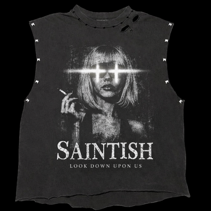 SAINTISH "HEAVEN'S GAZE" SLEEVELESS STUDDED MUSCLE TEE