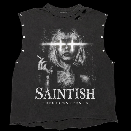 SAINTISH "HEAVEN'S GAZE" SLEEVELESS STUDDED MUSCLE TEE